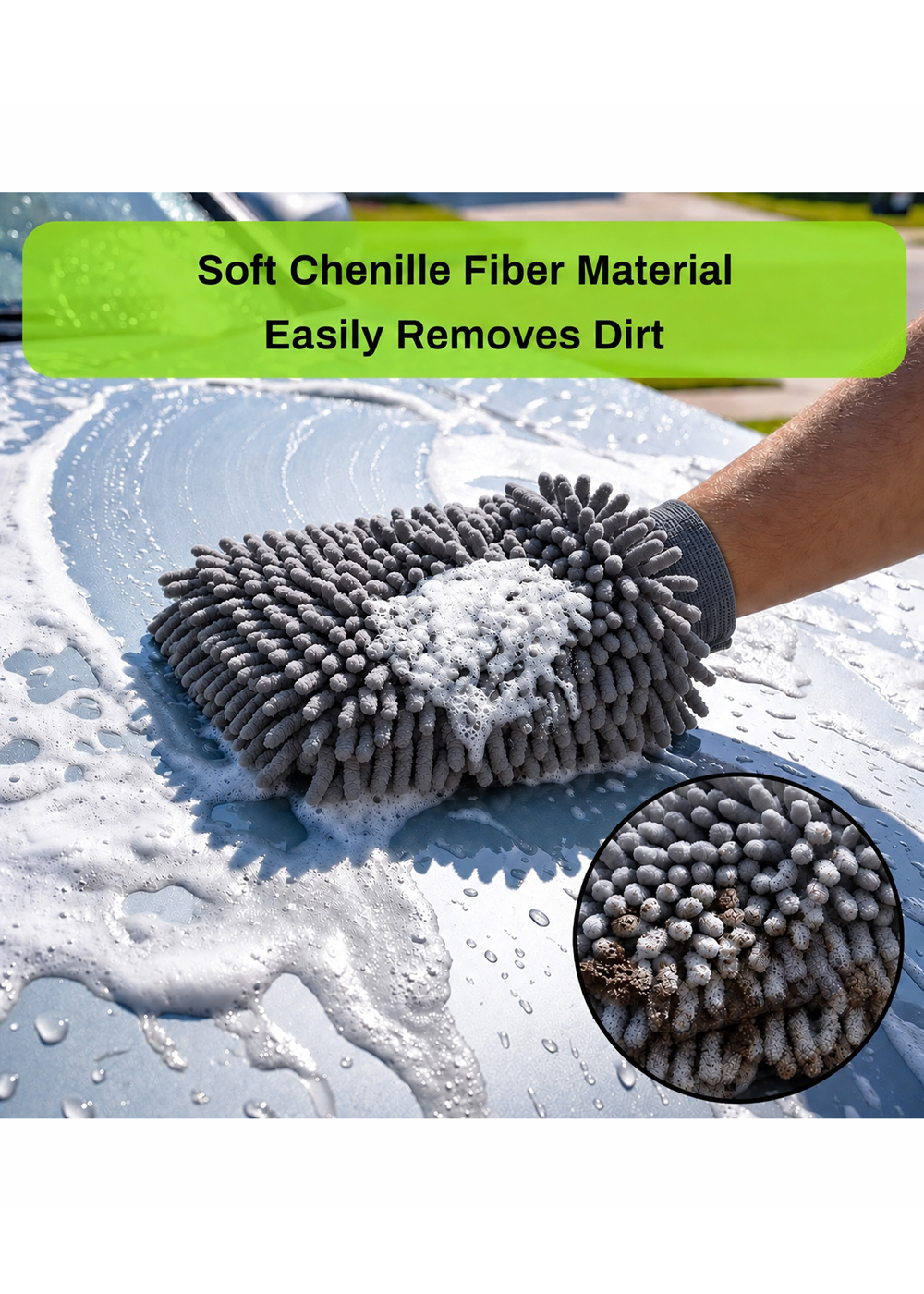 Washing car with Chenille Microfiber Wash Mitt